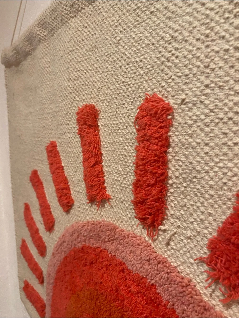 Neutral Canvas Wall Hanging with Shades of Scarlet Pink Sunburst Accent